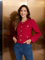 Load image into Gallery viewer, M.Infisavo 2025 Women Tweed Jacket Cropped Blazers Fall Winter Elegant Round Neck Pockets Business Casual Outfit, Red, Medium
