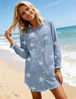 Load image into Gallery viewer, Zilcremo Women Denim Shirt Dresses Long Sleeve Distressed Jean Dress Button Down Casual Tunic Top Bluestar S
