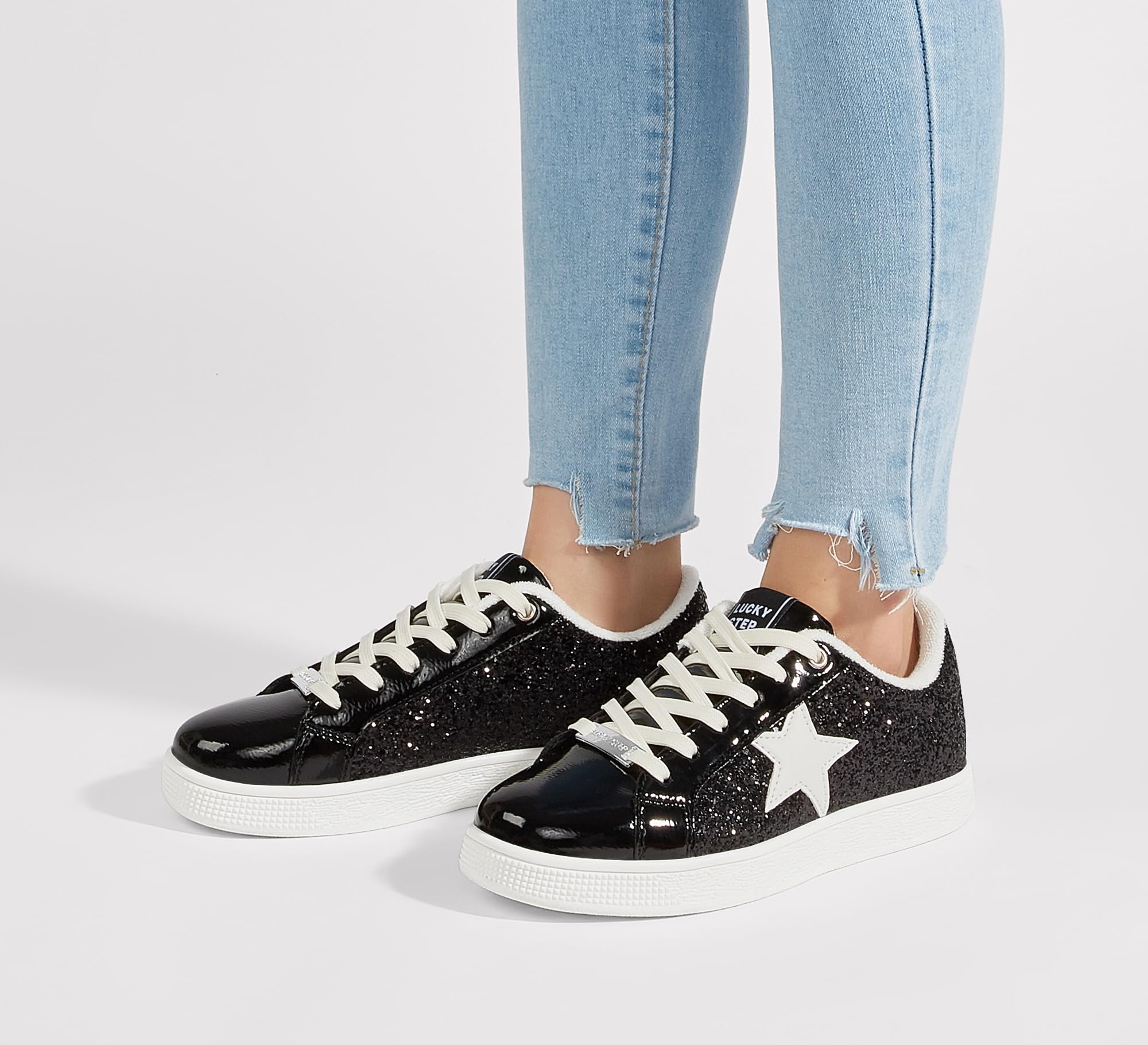 LUCKY STEP Women's Fashion Star Sneaker Lace Up Low Top Comfortable Cushioned Walking Shoes(Black Glitter,8.5 B(M) US)