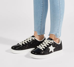 LUCKY STEP Women's Fashion Star Sneaker Lace Up Low Top Comfortable Cushioned Walking Shoes(Black Glitter,8.5 B(M) US)