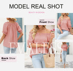 Load image into Gallery viewer, EVALESS Womens Tops Spring Summer Fashion Clothes 2025 Pink Short Sleeve Shirts Blouses for Women Dressy Casual Holiday Outfits for Work Cute Round Neck Basic Pleated Tops Off Shoulder Blouse, Medium
