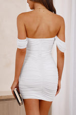 Load image into Gallery viewer, PRETTYGARDEN Summer Dresses for Women 2025 Off Shoulder Ruched Mesh Cocktail Party Graduation Bodycon Mini Short Dress (White,Medium)
