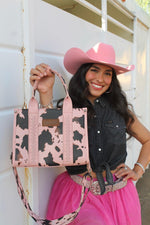 Load image into Gallery viewer, Wrangler Cow Print Tote Bag for Women Western Purse Boho Top Handle Satchel Handbag with Guitar Strap Gift Pink, XY WG133-8120SPK
