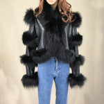 Load image into Gallery viewer, LVCOMEFF Women Sheep Leather Cropped Jacket Bolero Top Coat Motorcycle Jacket With Fox Fur Layer Long Sleeve Python Pattern (US, Alpha, X-Small, Regular, Regular, Black)

