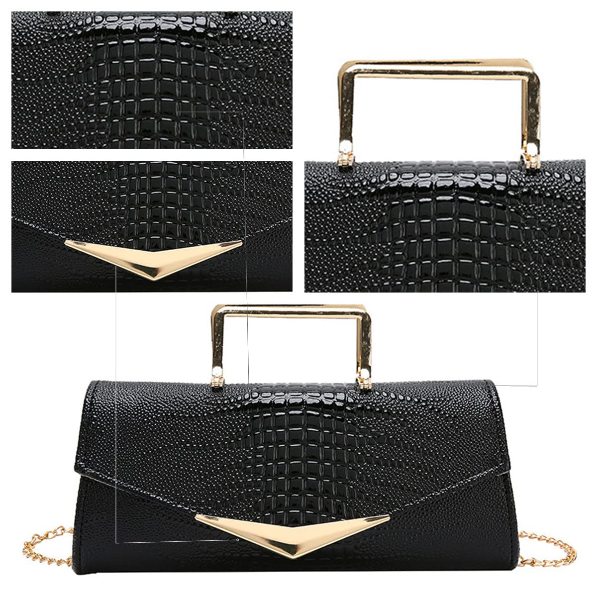 WIGUYUN Women Vegan Leather Evening Handbag Crocodile Pattern Handle Clutch Purse Cross Body Envelope Bag Black