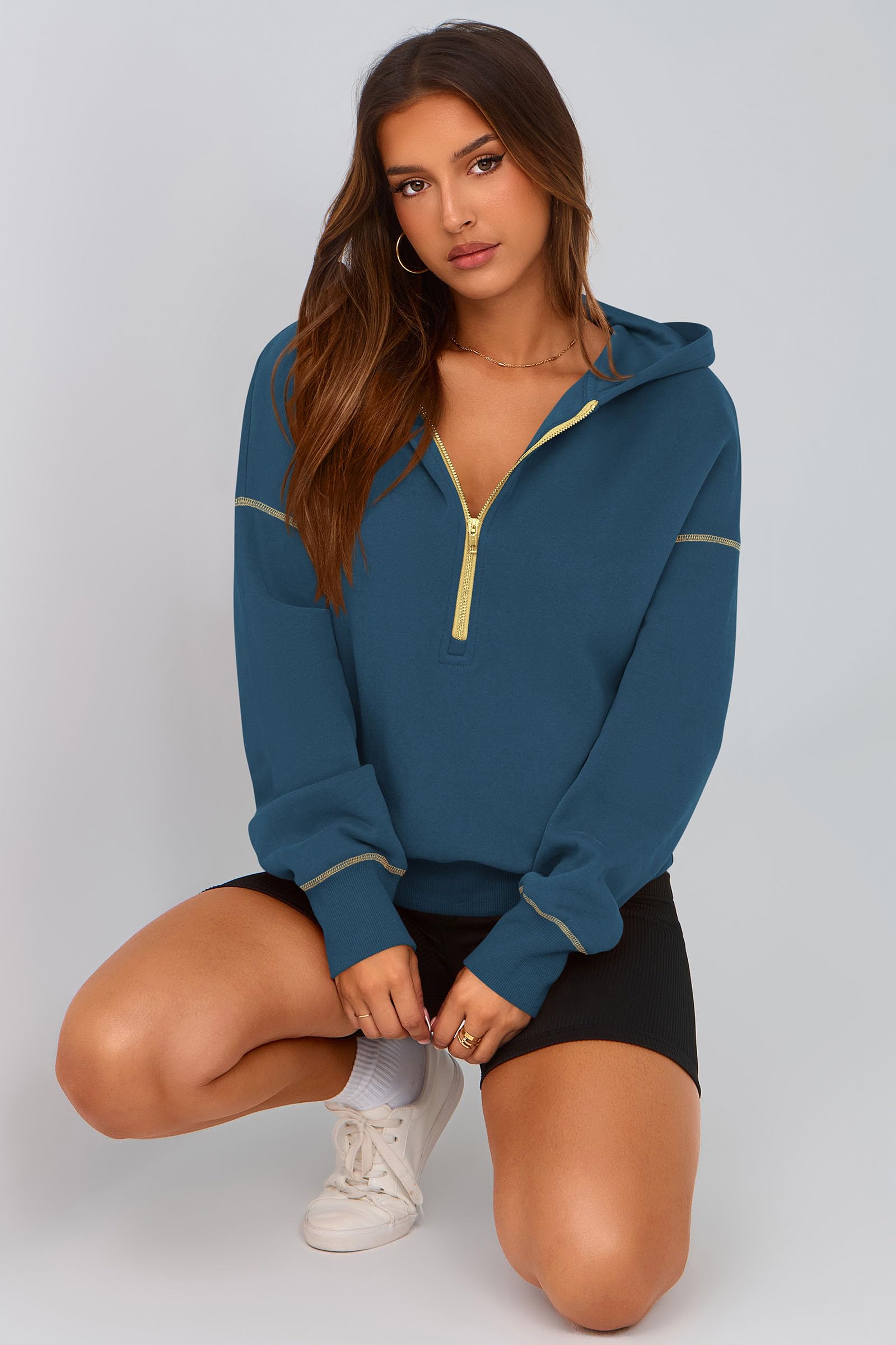 PRETTYGARDEN Women's Hooded Sweatshirts Long Sleeve Half Zip Cropped Hoodie Pullover Winter Fashion Clothes (Dark Blue,Medium)