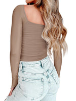 Load image into Gallery viewer, PINKMSTYLE Mesh Square Neck Long Sleeve Shapewear Bodysuit for Women Sexy Date Night Outfit, Clubwear Going Out Tops Khaki
