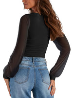 Load image into Gallery viewer, PINKMSTYLE Mesh Bodysuit for Women Sexy Slimming Square Neck Double Lined Tops Fall Classy Puff Long Sleeve Tops Shirts Black Medium
