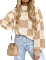 Load image into Gallery viewer, ZESICA Women's 2025 Fall Fashion Turtleneck Long Sleeve Striped Ribbed Knit Loose Pullover Sweater Tops Khaki Plaid Medium
