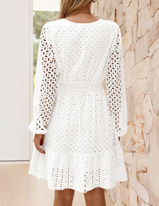 ZESICA Women's 2025 Long Sleeve Mini Dress Spring V Neck Hollow Out Eyelet Embroidery Ruffle A Line Swing Short Dresses,White,Medium