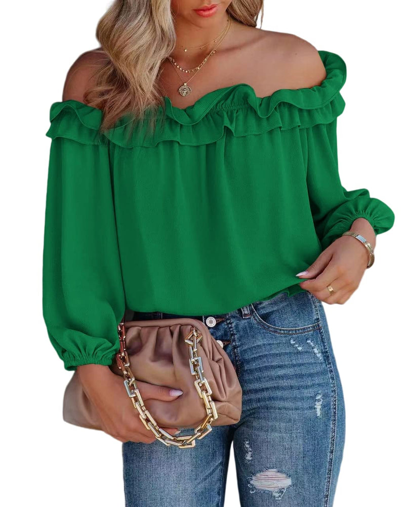 evnanic Women's Juniors Cute Chiffon Blouses for Women Off The Shoulder Shirts Soft Loose Long Sleeve Tops Spring Green S