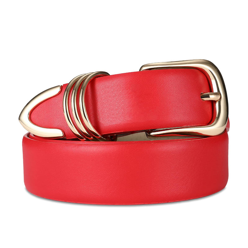 RISANTRY Women's Leather Belts for Jeans Dresses, Red Leather Waist Belt Fashion Ladies Belts with Gold Buckle S