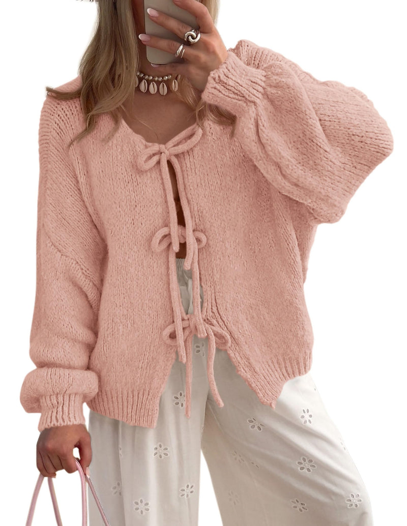 PRETTYGARDEN Women's Tie Front Bow Cardigan Sweaters Chunky Knit Long Puff Sleeve Trendy Fall Winter Jacket Coats (Pink,Medium)