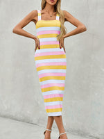 Load image into Gallery viewer, Saodimallsu Womens Striped Bodycon Midi Dress Sleeveless Square Neck Color Block Knit Summer Tank Dresses Yellow
