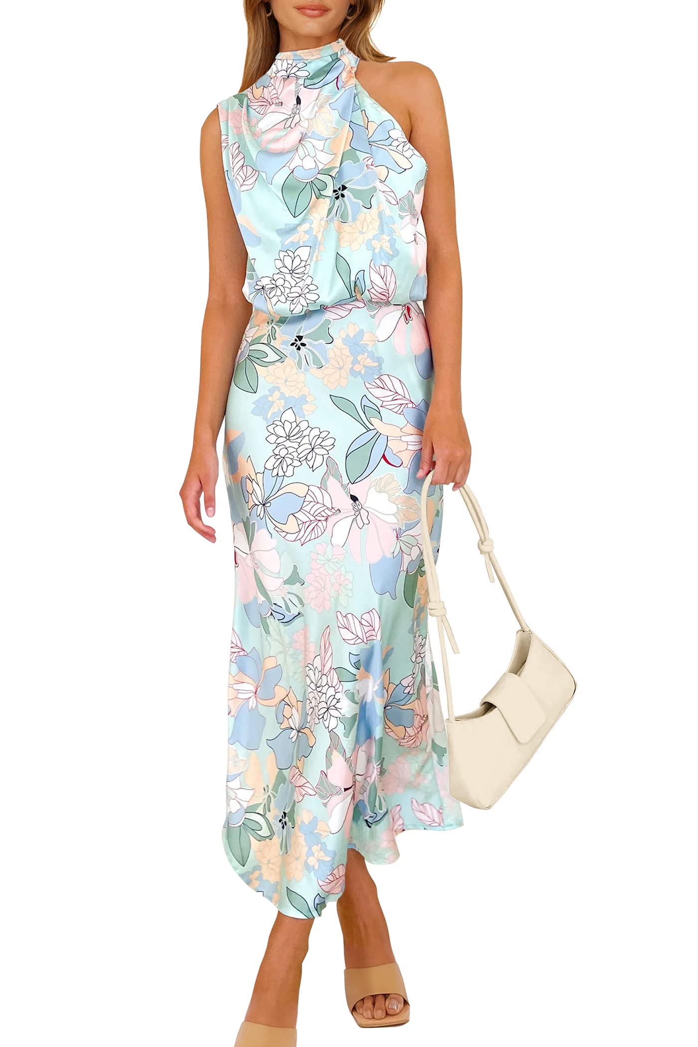 PRETTYGARDEN Women's 2025 Summer Satin Dress Elegant Sleeveless Mock Neck Cocktail Party Maxi Dresses (Print Blue,Medium)