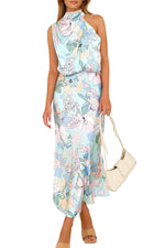 Load image into Gallery viewer, PRETTYGARDEN Women&#39;s 2025 Summer Satin Dress Elegant Sleeveless Mock Neck Cocktail Party Maxi Dresses (Print Blue,Medium)
