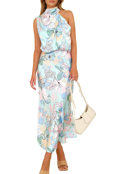 PRETTYGARDEN Women's 2025 Summer Satin Dress Elegant Sleeveless Mock Neck Cocktail Party Maxi Dresses (Print Blue,Medium)