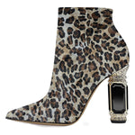 Load image into Gallery viewer, FSJ Women Chic Pointed Toe Crystal Chunky Block High Heel Ankle Boots Glossy Side Zipper Casual Daily Ladies Shoes Size 7 Leopard
