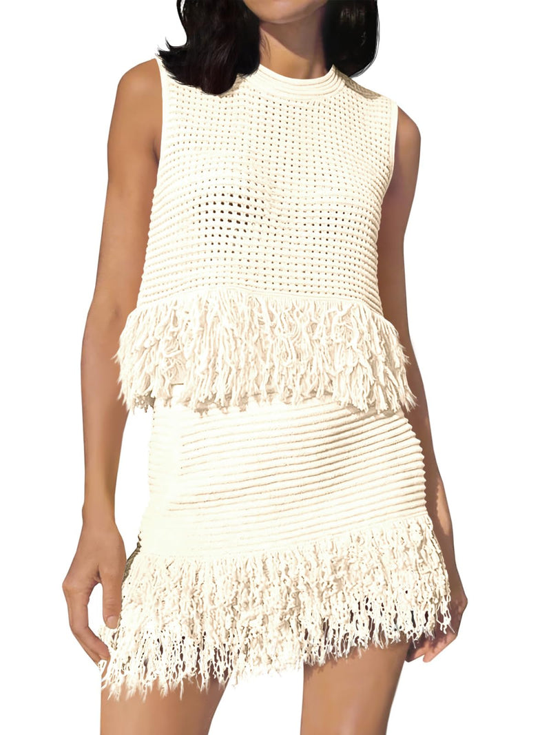 Fisoew Womens 2 Piece Crochet Outfits Sleeveless Knit Sweater Tops Fringe Skirts Summer Vacation Sets Beach Cover Ups