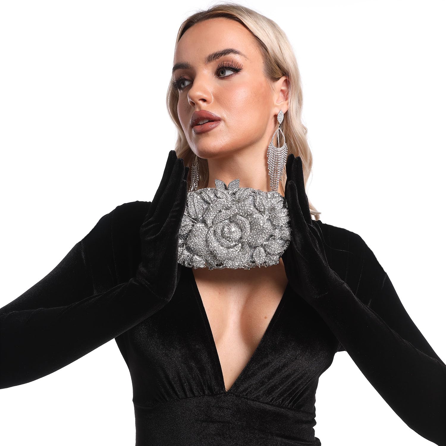Boutique De FGG Flower Evening Bags for Women Wedding Handbags Crystal Clutch Purse Prom Rose Rhinestone Clutch Purses,Mini,Silver