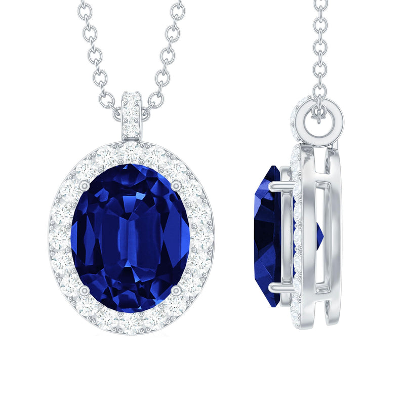 Rosec Jewels Mothers Day Gift Ideas, Certified Lab Grown Blue Sapphire Moissanite Halo Pendant With Silver Chain, AAAA Quality, 8X10mm Oval Sapphire Necklace, 925 Sterling Silver, With Chain
