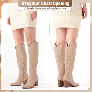 Putu Womens's Knee High Boots High Heel Western Boots Pointed Toe Tall Boots Faux Leather Nude 5.5