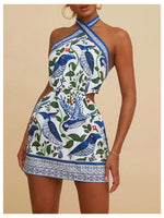 Load image into Gallery viewer, MakeMeChic Women&#39;s Chiffon Printed Halter Dress Tie Backless Criss Cross Cut Out Summer Mini Dresses Blue and White Medium

