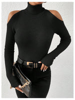 Load image into Gallery viewer, SOLY HUX Women's Cold Shoulder Sweater High Neck Long Sleeve Pullover Lightweight Ribbed Knit Jumper Tops Solid Black Large
