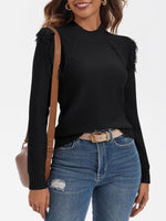 Load image into Gallery viewer, Saodimallsu Womens Cable Knit Sweaters Mock Neck Fringe Fitted Long Sleeve Boho Trendy Pullover Tops Black
