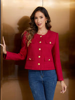 Load image into Gallery viewer, M.Infisavo 2025 Women Tweed Jacket Cropped Blazers Fall Winter Elegant Round Neck Pockets Business Casual Outfit, Red, Medium
