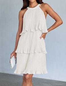 ZESICA Women's 2024 Summer Halter Dresses Sleeveless Ruffle Tiered Layered Chiffon Pleated A Line Swing Mini Dress,White,Medium