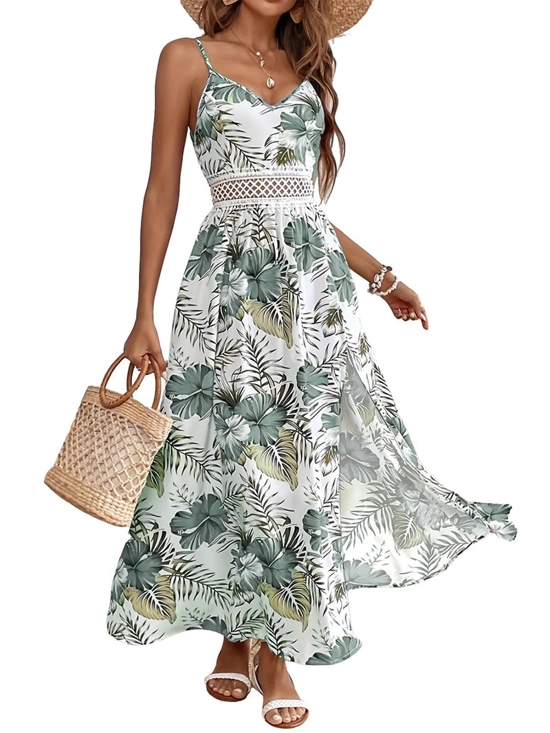 Women's Hawaiian Maxi Dresses Summer Floral Boho Sleeveless V-Neck Flowy Beach Vacation Dresses Spaghetti Straps Green