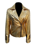 Load image into Gallery viewer, Metal Studs and Spikes Brando Ladies Leather Jacket - Handmade Punk Rock Golden Leather Jacket
