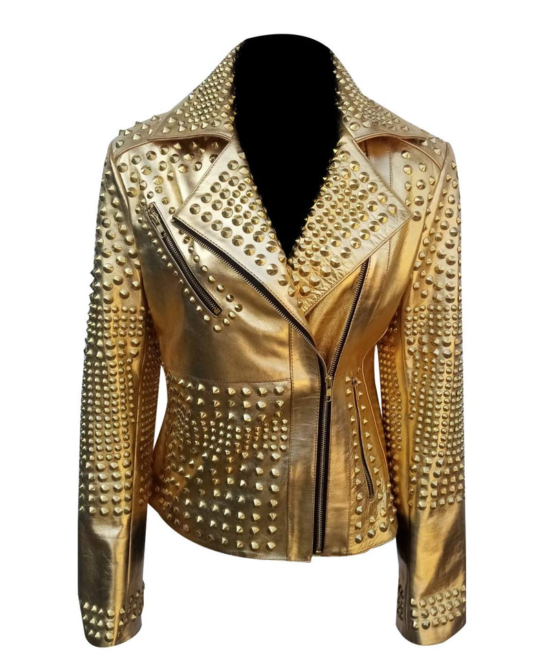 Metal Studs and Spikes Brando Ladies Leather Jacket - Handmade Punk Rock Golden Leather Jacket