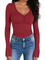 Load image into Gallery viewer, Prettywear Women Long Sleeve Henley Shirts V Neck Button Tight Slim Fitted Top Going Out Tees 2025 Trendy Spring Fall (Wine Red, L)
