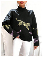 Load image into Gallery viewer, WDIRARA Women&#39;s High Neck Sweater Leopard Pattern Long Sleeve Fuzzy Knitted Pullover Top Black Medium
