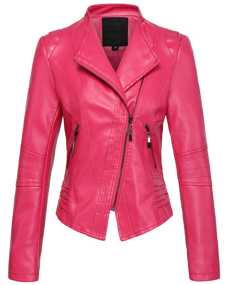 chouyatou Women's Casual Collarless Cropped Pu Leather Biker Jacket (Medium, Rose)