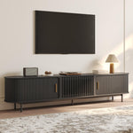 Load image into Gallery viewer, POVISON Mid Century Modern TV Stand for 75+ inch TV, Sliding Door Entertainment Center with Storage, Wood TV Console, Media Console for Living Room Bedroom, Fully-Assembled (Black, 94.49&quot;)

