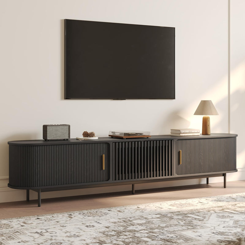 POVISON Mid Century Modern TV Stand for 75+ inch TV, Sliding Door Entertainment Center with Storage, Wood TV Console, Media Console for Living Room Bedroom, Fully-Assembled (Black, 94.49")