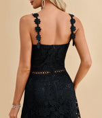 Load image into Gallery viewer, Women’s Lace Midi Dress – Floral Strap Cocktail Dress for Wedding Guest, Bridal Shower, Party &amp; Summer Events Black
