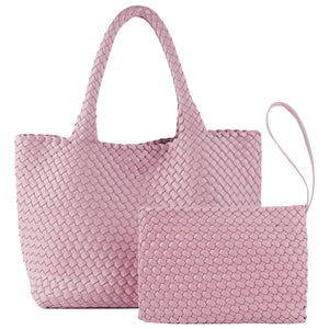 SporGenius Woven Tote Bag for Women, Vegan Leather Handwoven Bags with Small Handmade Purse, Large Travel Braided Top Handle Handbags (Pink)