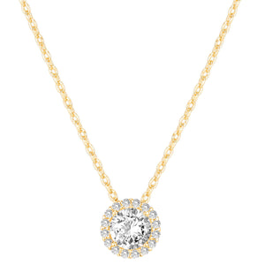 PAVOI 14K Gold Plated Post Faux Diamond Round Solitaire Pendant Halo Necklace in Yellow Gold