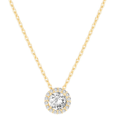 PAVOI 14K Gold Plated Post Faux Diamond Round Solitaire Pendant Halo Necklace in Yellow Gold