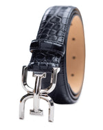 Load image into Gallery viewer, Sam Edelman Women&#39;s Double-E Logo Plaque Buckle Textured Jean and Trouser Belt, Black Croc, Medium
