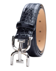 Sam Edelman Women's Double-E Logo Plaque Buckle Textured Jean and Trouser Belt, Black Croc, Medium