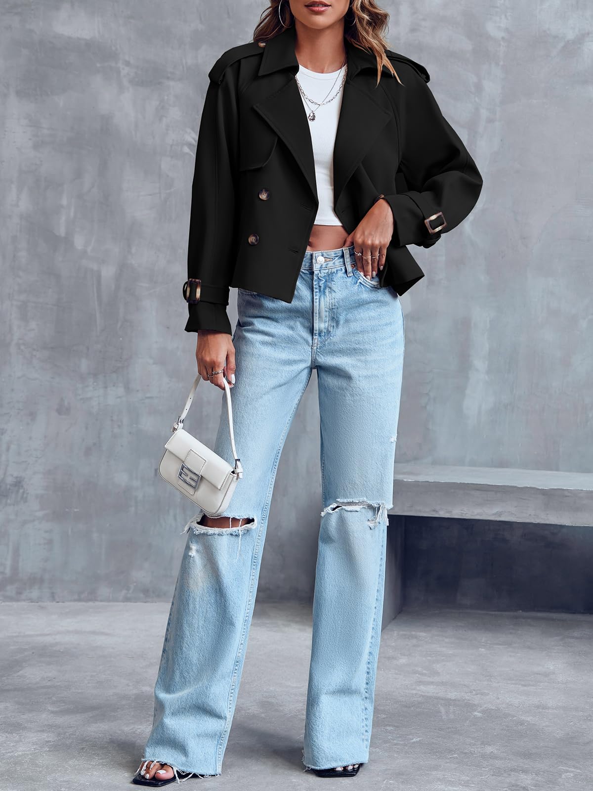 Saodimallsu Women Crop Double Breasted Trench Coat Raglan Sleeve Work Office Cropped Jacket With Pockets