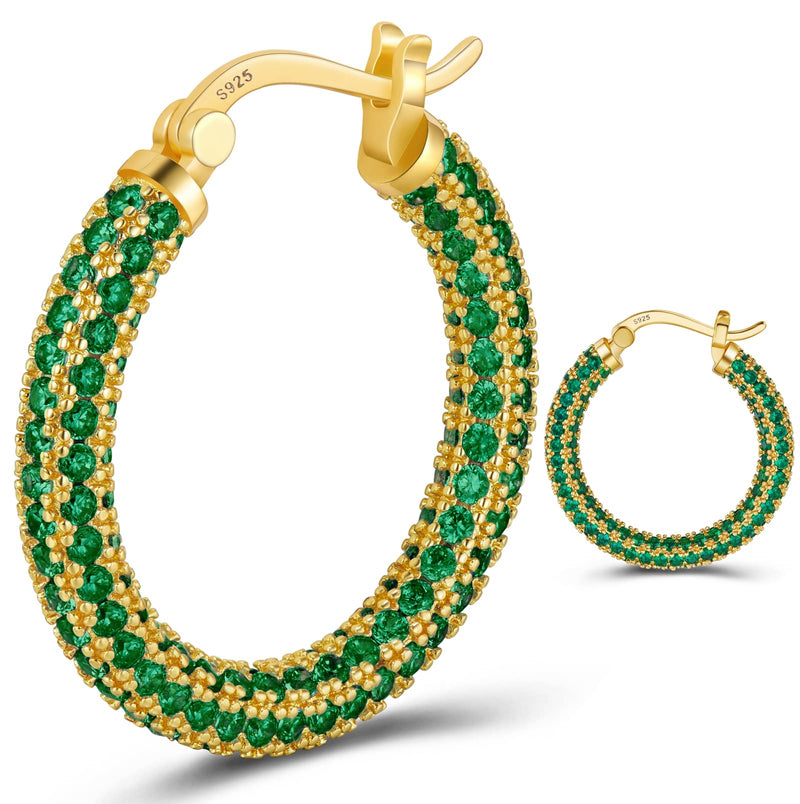 925 Sterling Silver Post Hoop Earrings for Women Gilrs Green Cubic Zirconia 14K Gold Plated Chunky Gold Hoop Earrings weinuo Jewelry