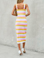 Load image into Gallery viewer, Saodimallsu Womens Striped Bodycon Midi Dress Sleeveless Square Neck Color Block Knit Summer Tank Dresses Yellow
