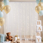 Load image into Gallery viewer, 10×8ft White Tulle Curtain Backdrop with Lights String for Parites, Sheer Backdrop Curtain Drapes for Wedding Photo Baby Shower Photography Birthday Party
