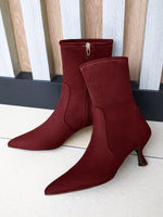Load image into Gallery viewer, Coutgo Womens Low Kitten Heel Ankle Boots Pointed Toe Booties Side Zipper Fall Shoes, Burgundy, Size 8.5
